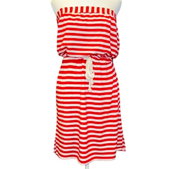 AKINI Red and White Striped Adjustable Waist Strapless Summer Dress Size XL - Picture 1 of 8